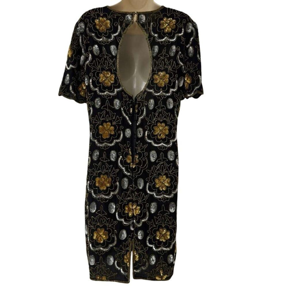 Adrianna Papell Evening Vintage Gold Silver Beaded Knee Length Formal Dress 12 - Picture 15 of 16